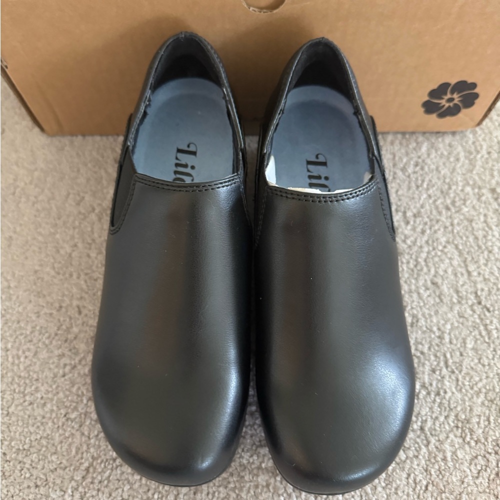 Black Leather Slip-On Clogs for Women